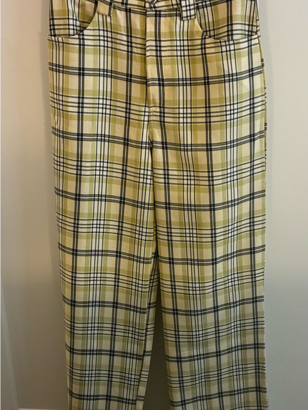 Lulu's Yellow/green, Blk, Cream Plaid Wide-leg Women’s Pants XS